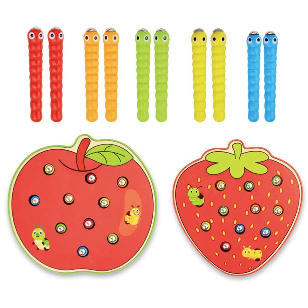 Fruit Shape Kids Wooden Toys Catch Worms Games with Magnetic Stick Montessori Educational Creature Blocks Interactive Toys