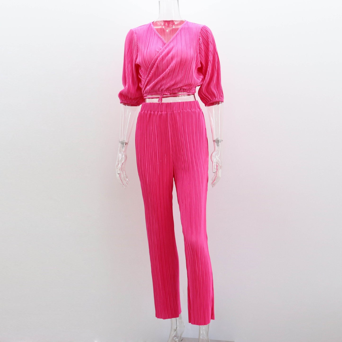 Summer casual straight pants suit new solid color pleated short-sleeved strappy V-neck top trousers two-piece suit