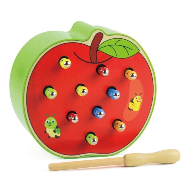 Fruit Shape Kids Wooden Toys Catch Worms Games with Magnetic Stick Montessori Educational Creature Blocks Interactive Toys