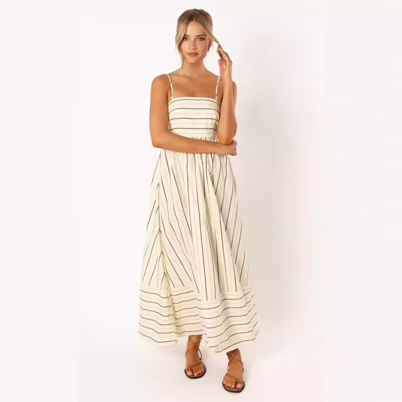 Striped sleeveless halter backless dress