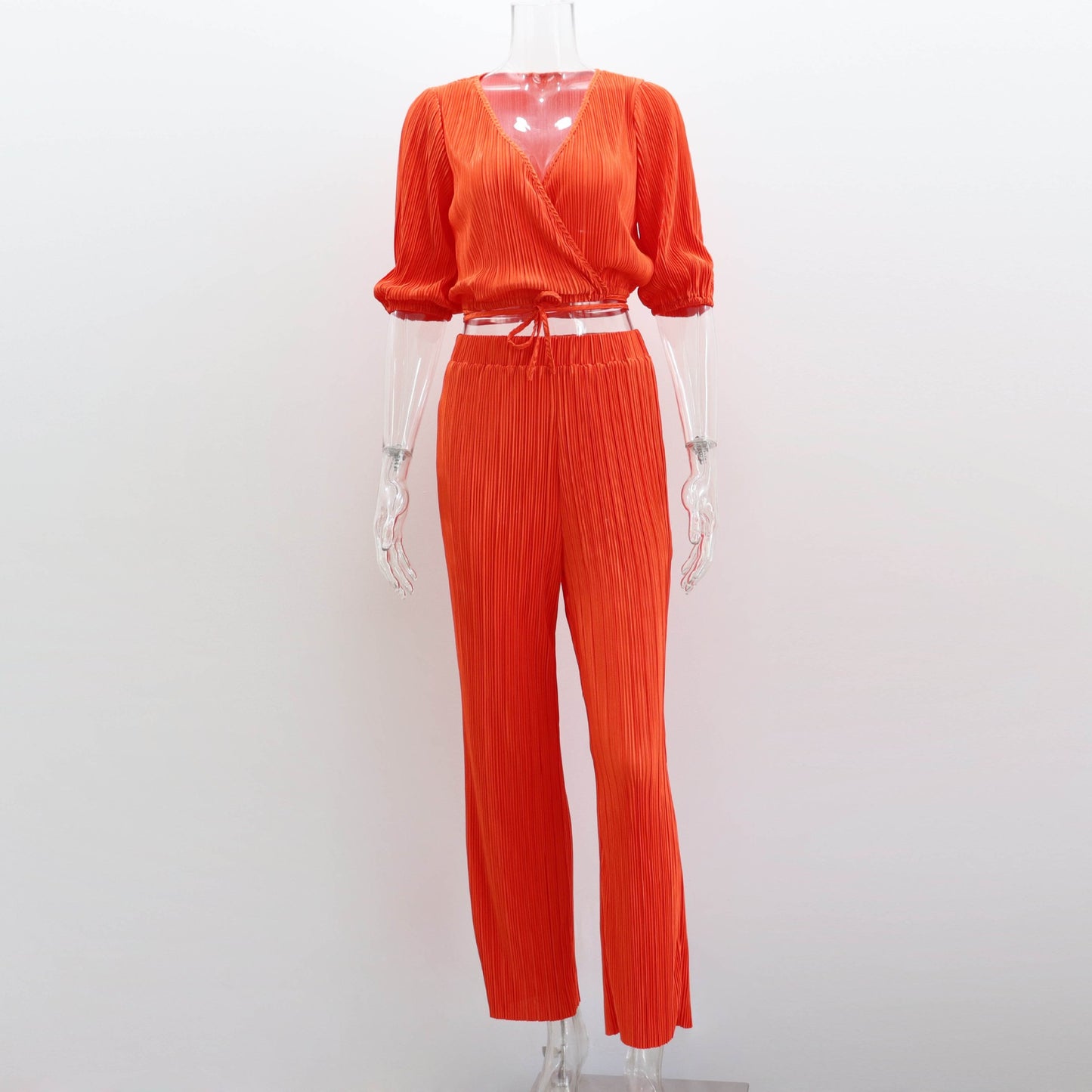 Summer casual straight pants suit new solid color pleated short-sleeved strappy V-neck top trousers two-piece suit