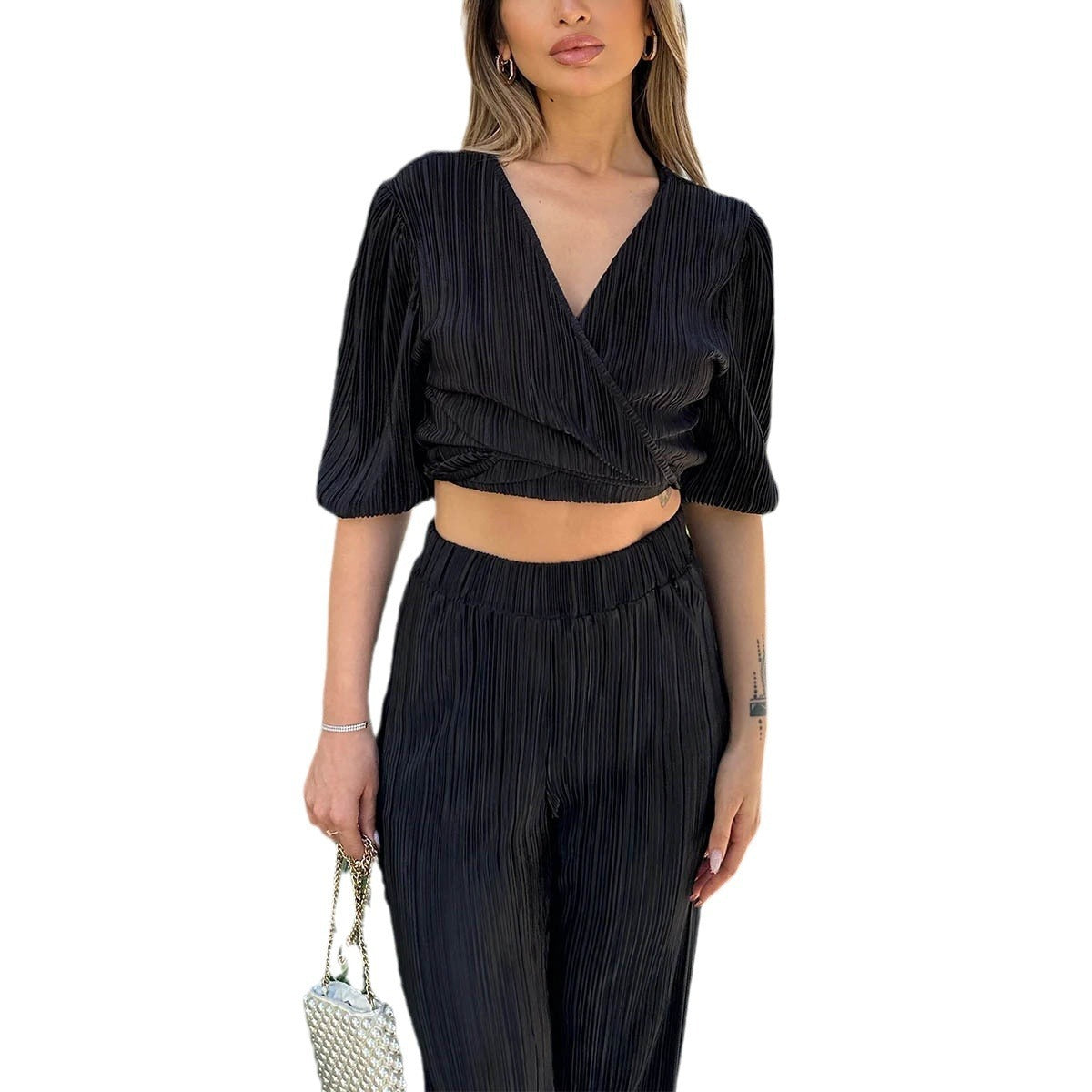 Summer casual straight pants suit new solid color pleated short-sleeved strappy V-neck top trousers two-piece suit