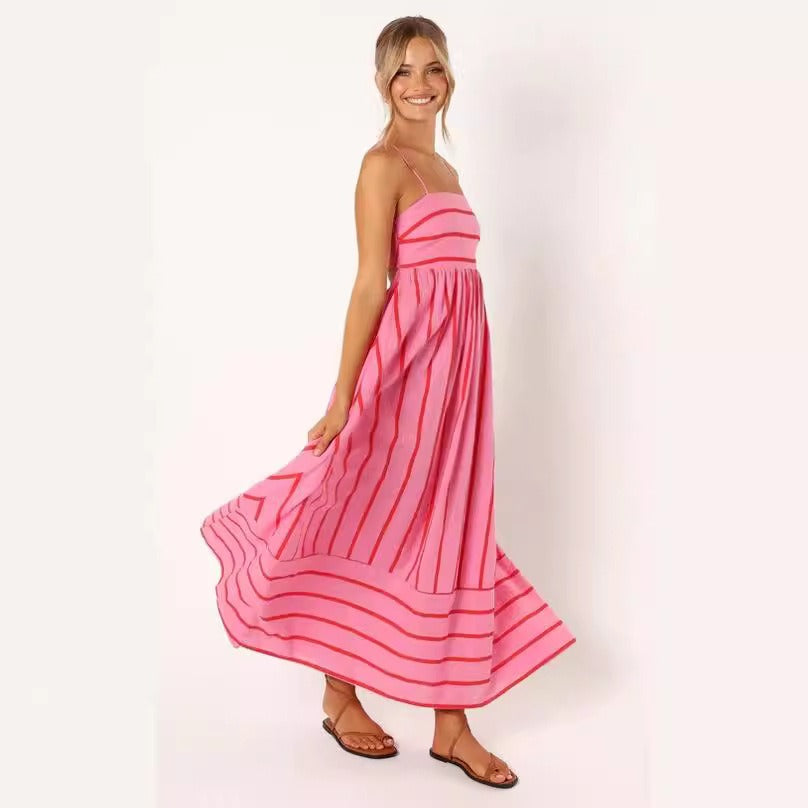 Striped sleeveless halter backless dress