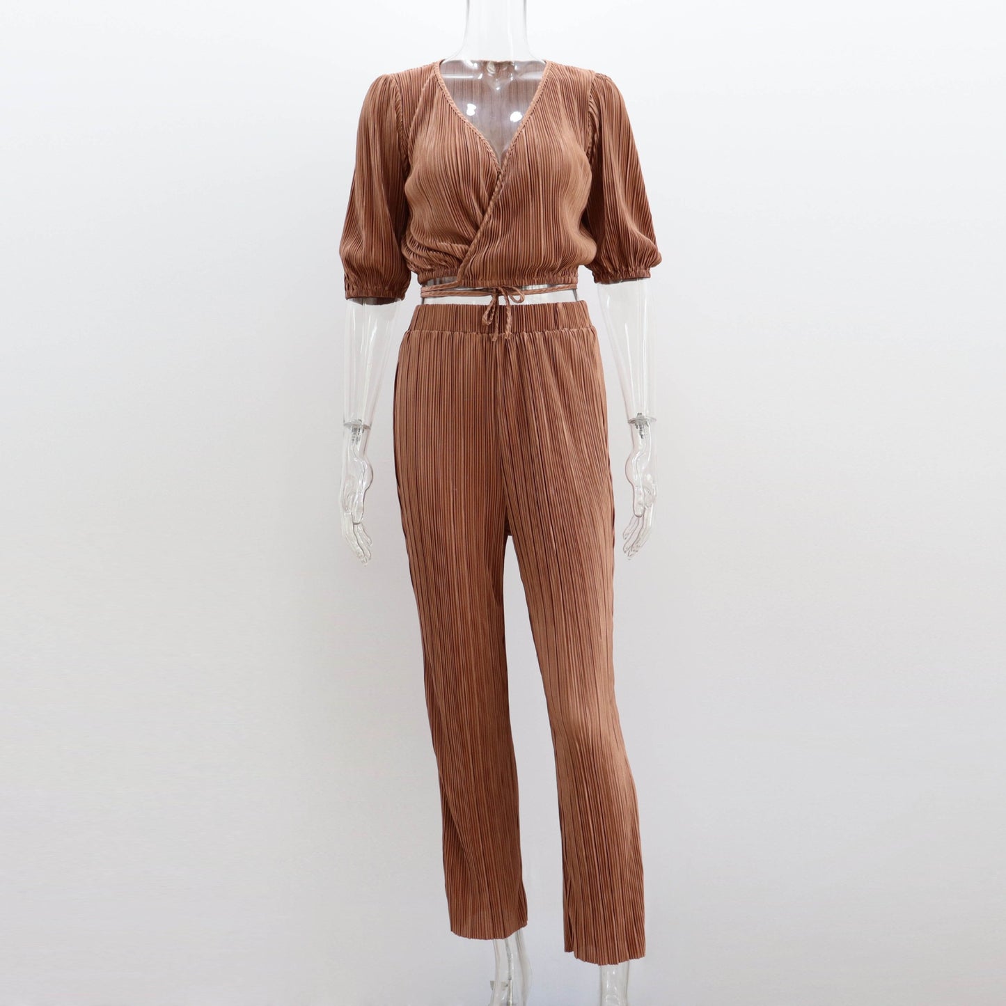 Summer casual straight pants suit new solid color pleated short-sleeved strappy V-neck top trousers two-piece suit