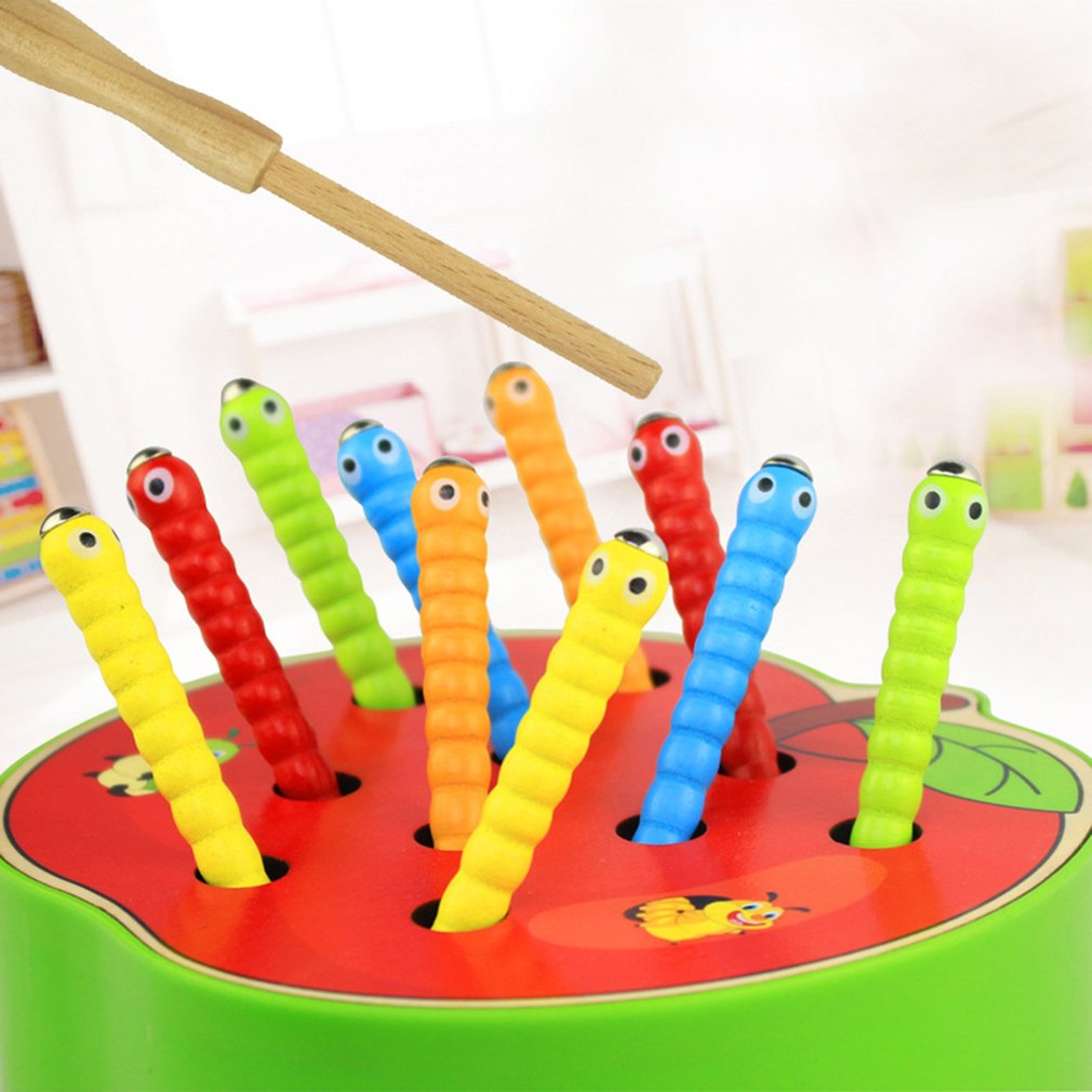 Fruit Shape Kids Wooden Toys Catch Worms Games with Magnetic Stick Montessori Educational Creature Blocks Interactive Toys